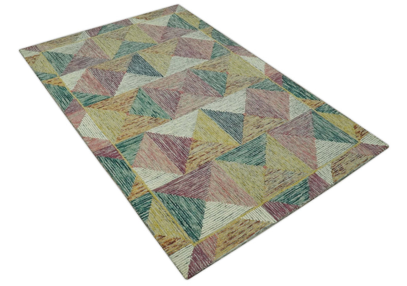 Modern Geometrical Ivory, Mustard, Maroon and Teal 5x7.6 Hand Tufted wool Rug - The Rug Decor