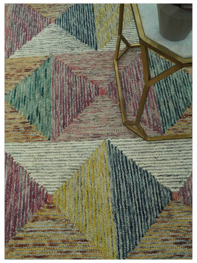 Modern Geometrical Ivory, Mustard, Maroon and Teal 5x7.6 Hand Tufted wool Rug - The Rug Decor