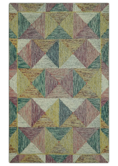 Modern Geometrical Ivory, Mustard, Maroon and Teal 5x7.6 Hand Tufted wool Rug - The Rug Decor