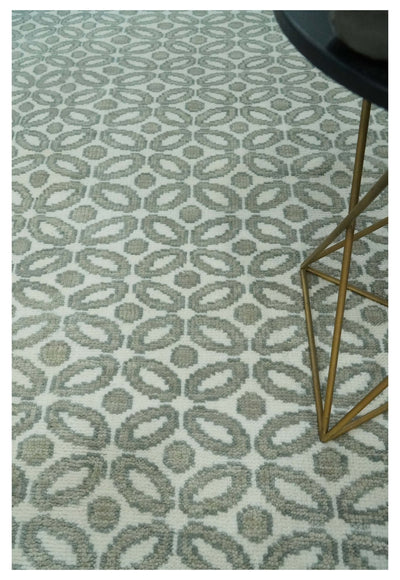 Modern Geometrical Ivory, Teal and Brown Hand Knotted 8x10 wool Area Rug - The Rug Decor