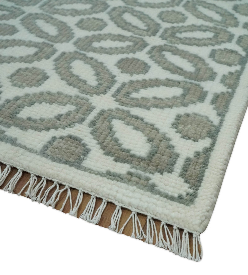 Modern Geometrical Ivory, Teal and Brown Hand Knotted 8x10 wool Area Rug - The Rug Decor