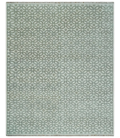 Modern Geometrical Ivory, Teal and Brown Hand Knotted 8x10 wool Area Rug - The Rug Decor