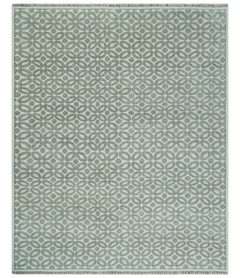Modern Geometrical Ivory, Teal and Brown Hand Knotted 8x10 wool Area Rug - The Rug Decor