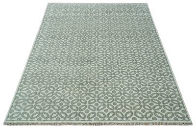 Modern Geometrical Ivory, Teal and Brown Hand Knotted 8x10 wool Area Rug - The Rug Decor
