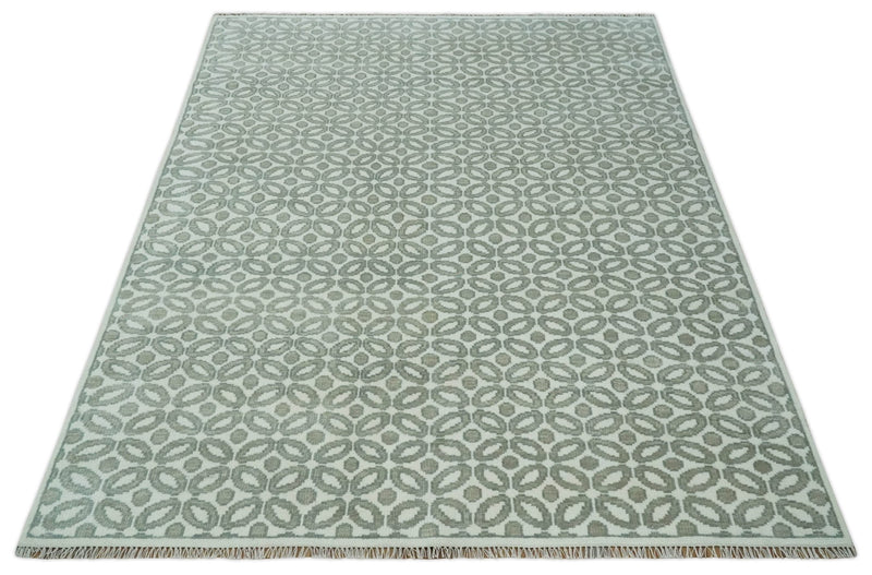 Modern Geometrical Ivory, Teal and Brown Hand Knotted 8x10 wool Area Rug - The Rug Decor