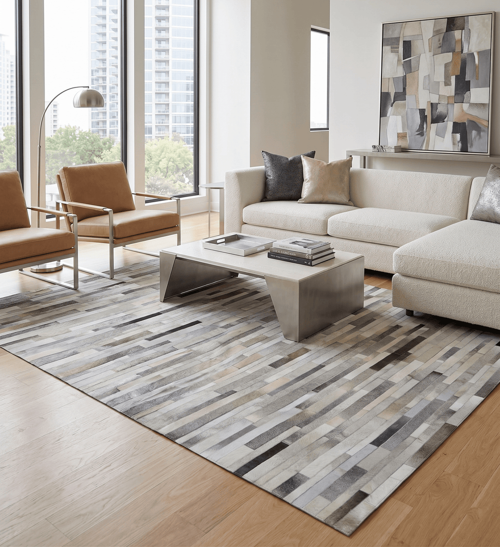 Modern Geometrical Leather Striped Silver and Ivory Leather Custom Made Area Rug - The Rug Decor