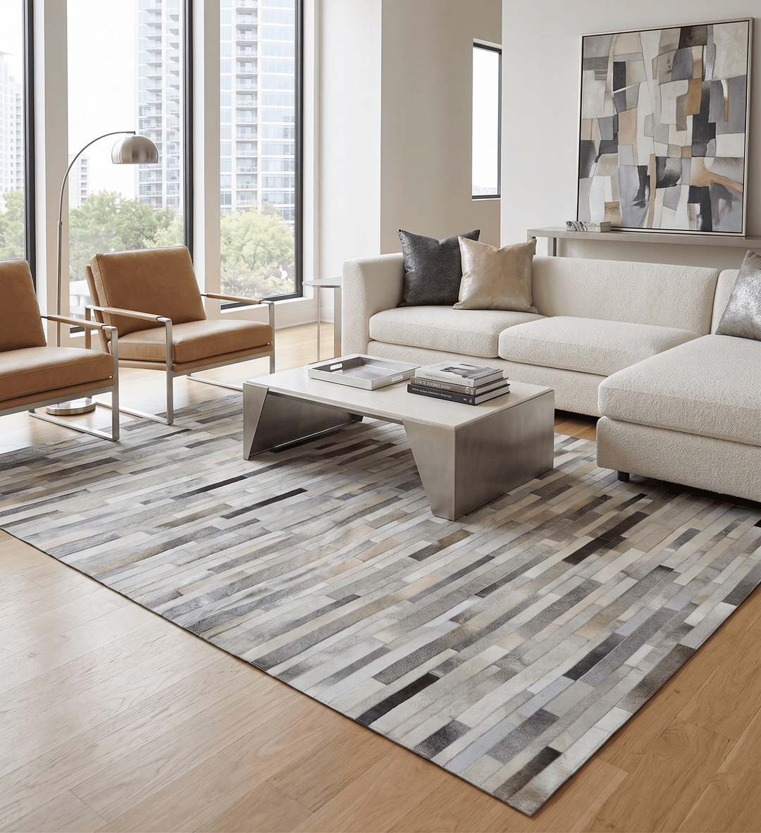 Modern Geometrical Leather Striped Silver and Ivory Leather Custom Made Area Rug - The Rug Decor