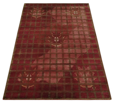 Modern Geometrical Maroon, Green and Ivory Hand knotted 5x8 wool and Art Silk Area Rug - The Rug Decor