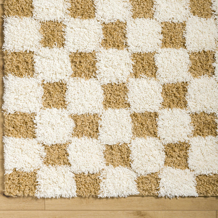 Modern Geometrical Mustard and Ivory Checkered Board Plush Pile Moroccan Style Area Rug - The Rug Decor