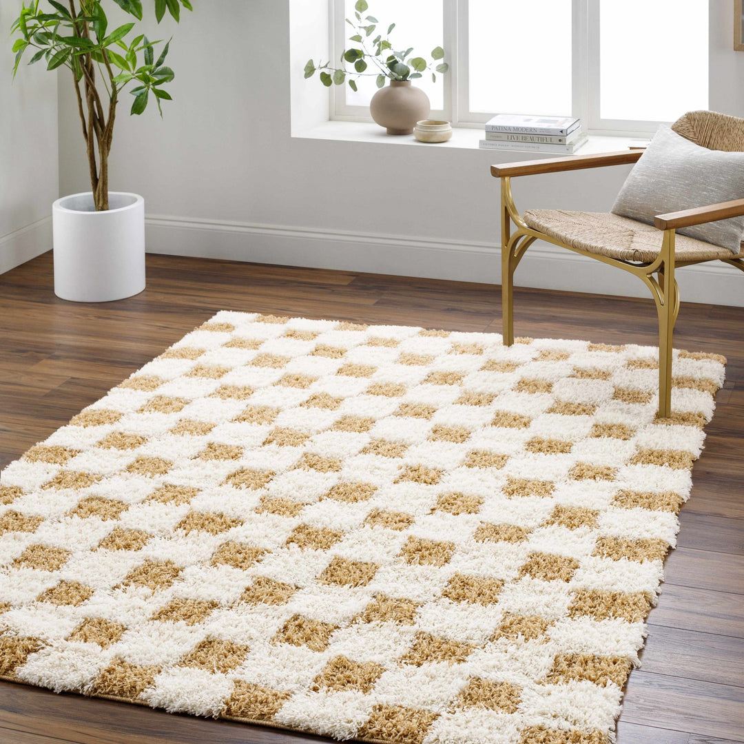 Modern Geometrical Mustard and Ivory Checkered Board Plush Pile Moroccan Style Area Rug - The Rug Decor