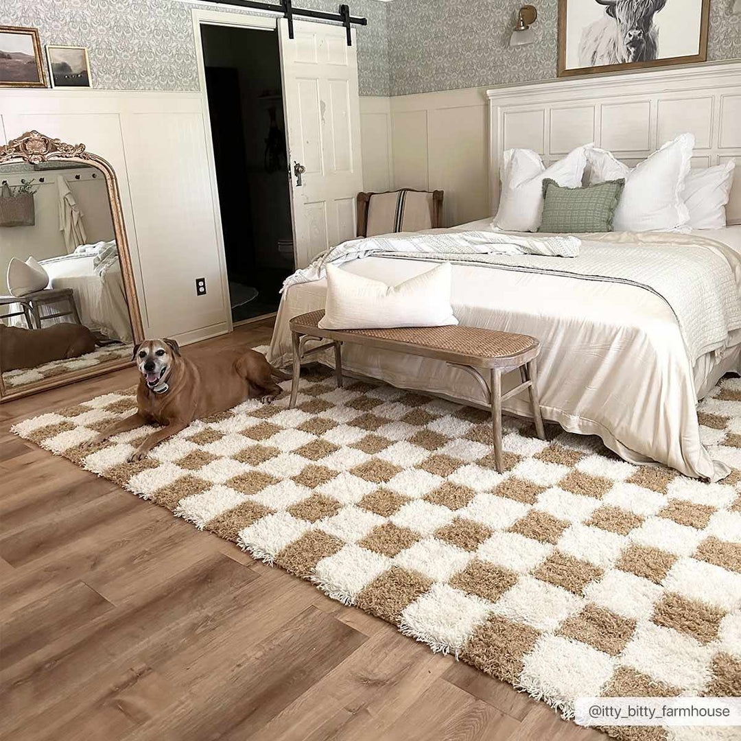 Modern Geometrical Mustard and Ivory Checkered Board Plush Pile Moroccan Style Area Rug - The Rug Decor
