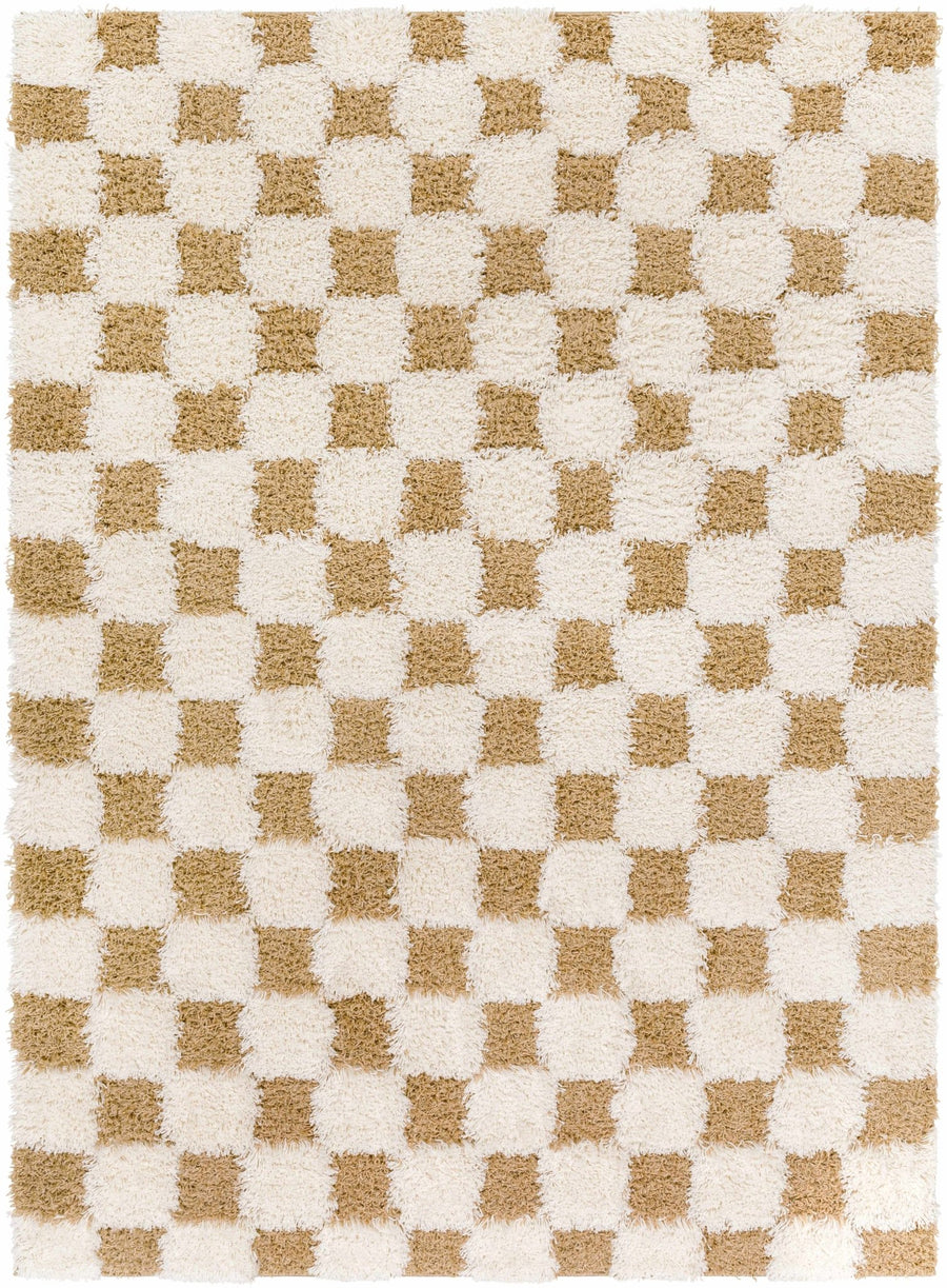 Modern Geometrical Mustard and Ivory Checkered Board Plush Pile Moroccan Style Area Rug - The Rug Decor