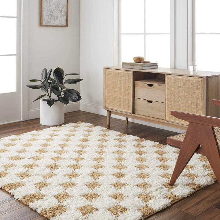 Modern Geometrical Mustard and Ivory Checkered Board Plush Pile Moroccan Style Area Rug - The Rug Decor