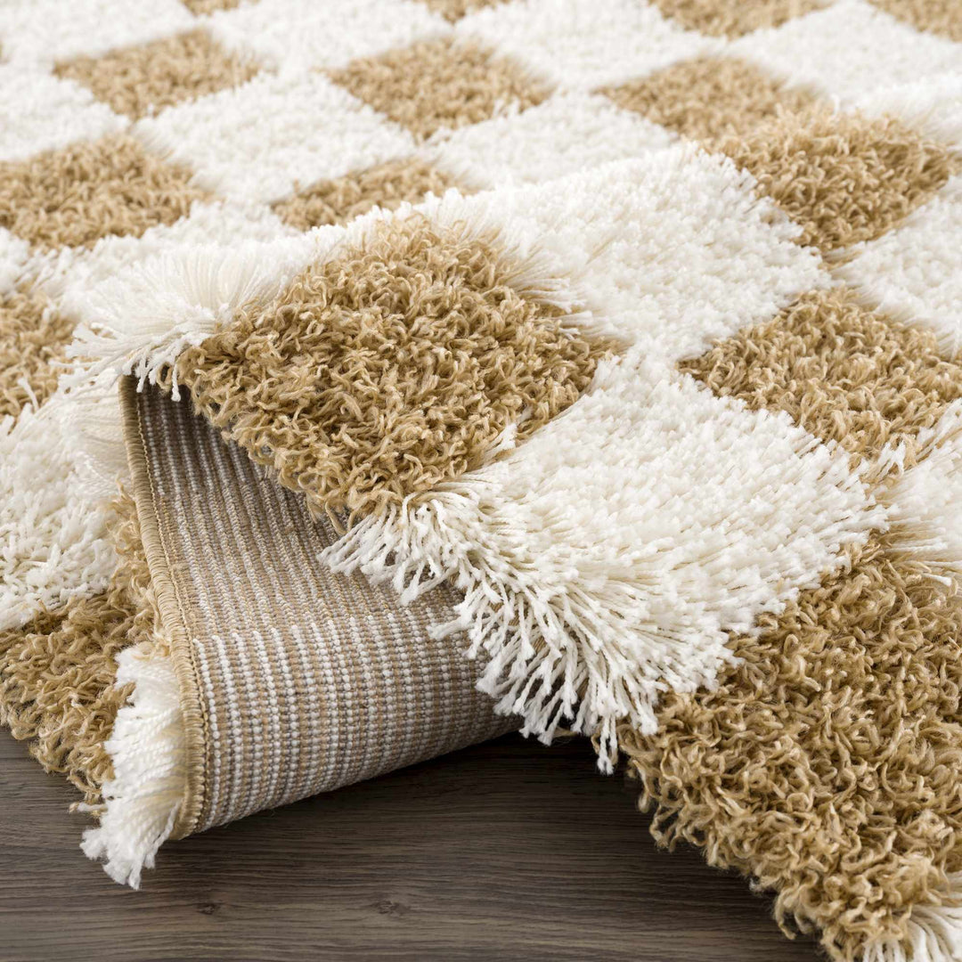 Modern Geometrical Mustard and Ivory Checkered Board Plush Pile Moroccan Style Area Rug - The Rug Decor