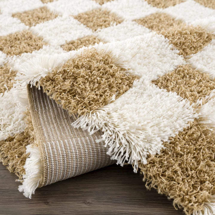 Modern Geometrical Mustard and Ivory Checkered Board Plush Pile Moroccan Style Area Rug - The Rug Decor