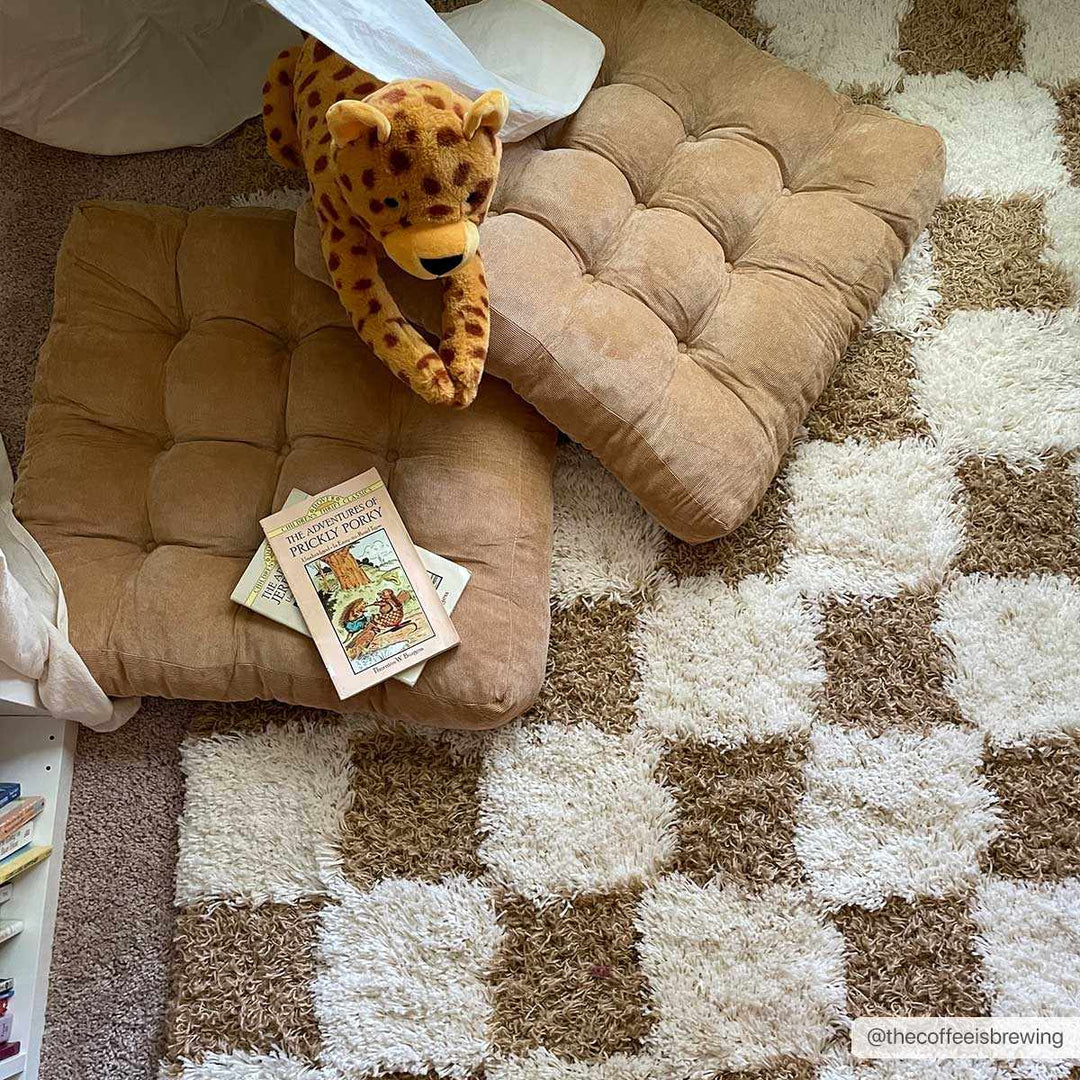 Modern Geometrical Mustard and Ivory Checkered Board Plush Pile Moroccan Style Area Rug - The Rug Decor