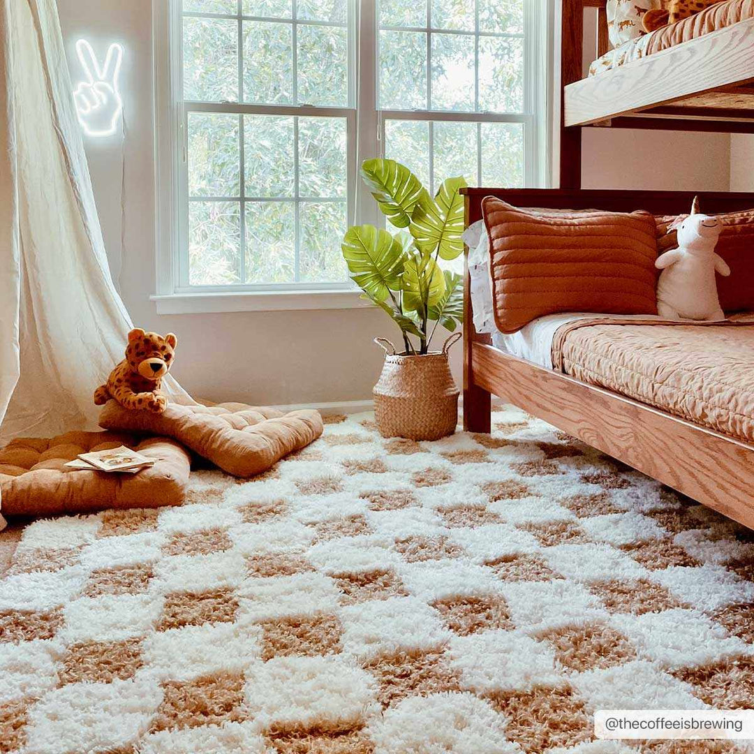 Modern Geometrical Mustard and Ivory Checkered Board Plush Pile Moroccan Style Area Rug - The Rug Decor