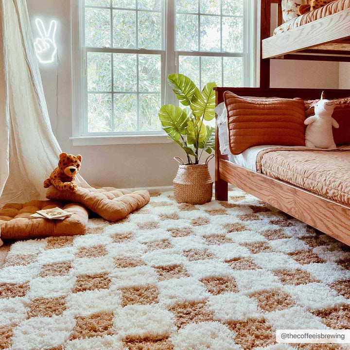 Modern Geometrical Mustard and Ivory Checkered Board Plush Pile Moroccan Style Area Rug - The Rug Decor