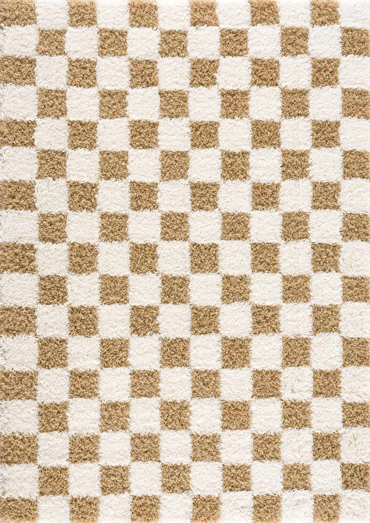 Modern Geometrical Mustard and Ivory Checkered Board Plush Pile Moroccan Style Area Rug - The Rug Decor