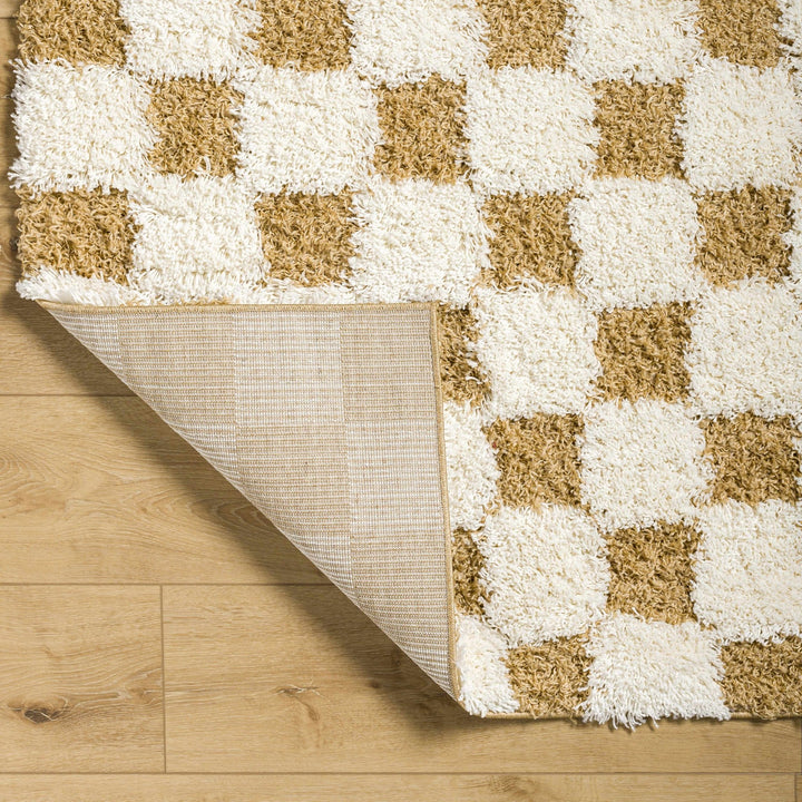 Modern Geometrical Mustard and Ivory Checkered Board Plush Pile Moroccan Style Area Rug - The Rug Decor