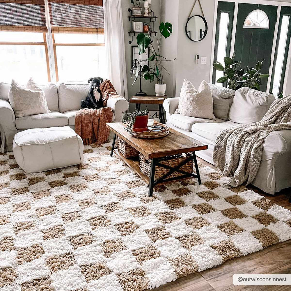 Modern Geometrical Mustard and Ivory Checkered Board Plush Pile Moroccan Style Area Rug - The Rug Decor