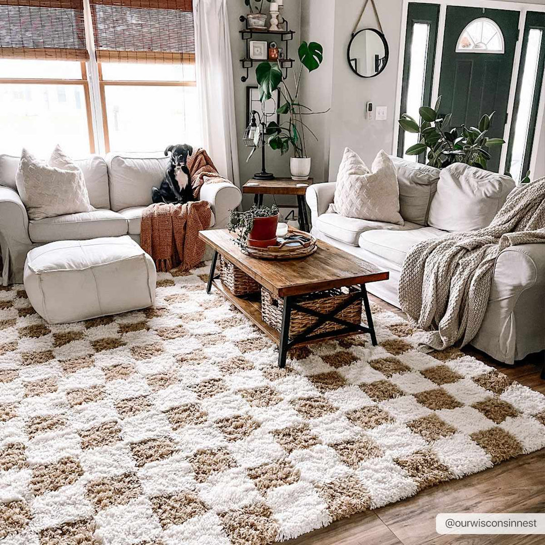 Modern Geometrical Mustard and Ivory Checkered Board Plush Pile Moroccan Style Area Rug - The Rug Decor