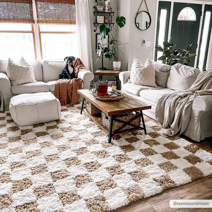 Modern Geometrical Mustard and Ivory Checkered Board Plush Pile Moroccan Style Area Rug - The Rug Decor