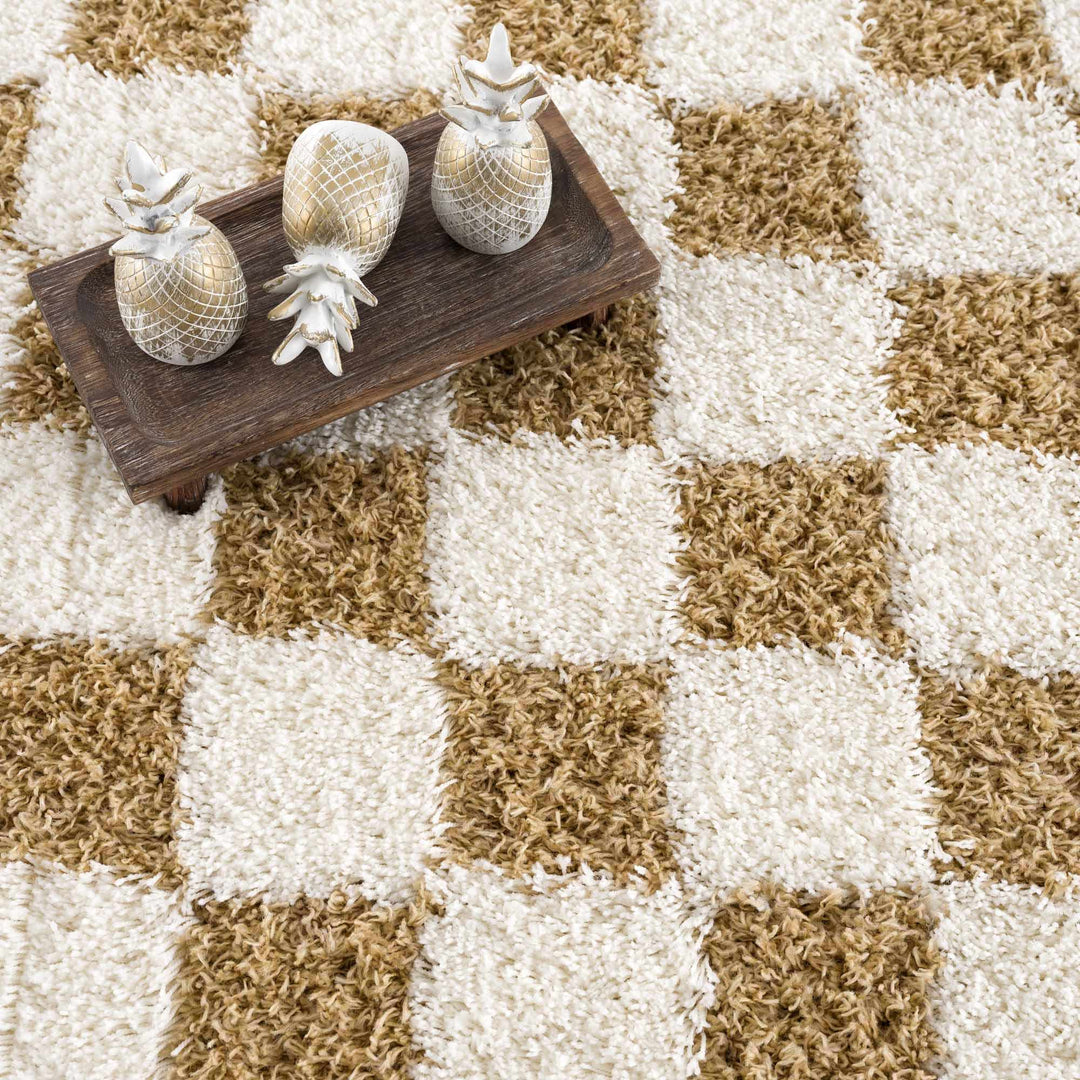 Modern Geometrical Mustard and Ivory Checkered Board Plush Pile Moroccan Style Area Rug - The Rug Decor