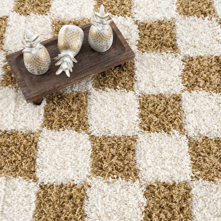 Modern Geometrical Mustard and Ivory Checkered Board Plush Pile Moroccan Style Area Rug - The Rug Decor