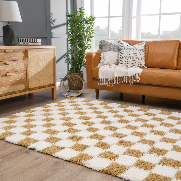 Modern Geometrical Mustard and Ivory Checkered Board Plush Pile Moroccan Style Area Rug - The Rug Decor