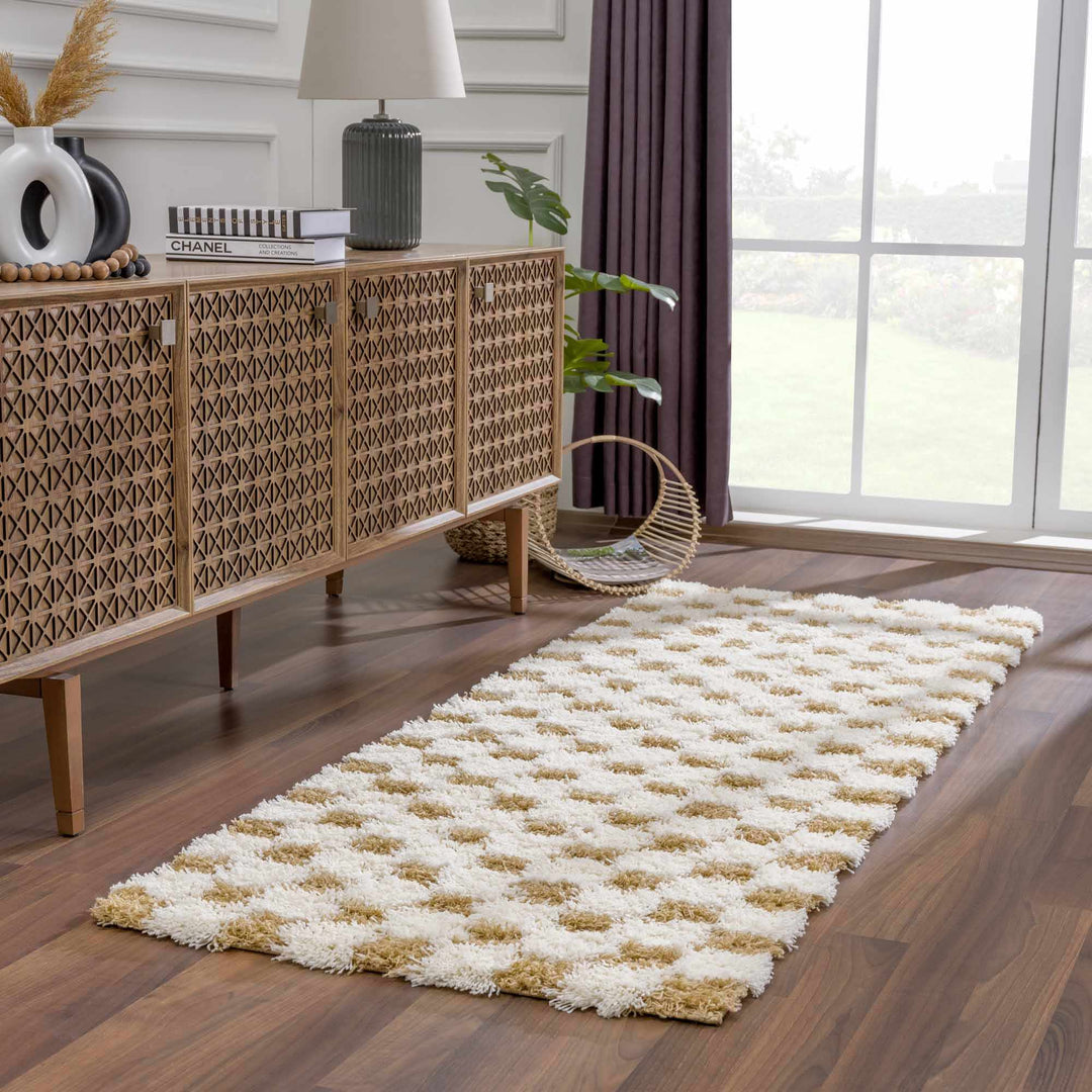 Modern Geometrical Mustard and Ivory Checkered Board Plush Pile Moroccan Style Area Rug - The Rug Decor