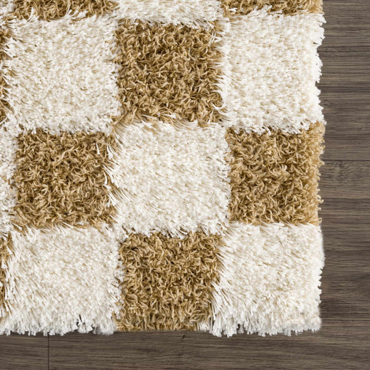 Modern Geometrical Mustard and Ivory Checkered Board Plush Pile Moroccan Style Area Rug - The Rug Decor
