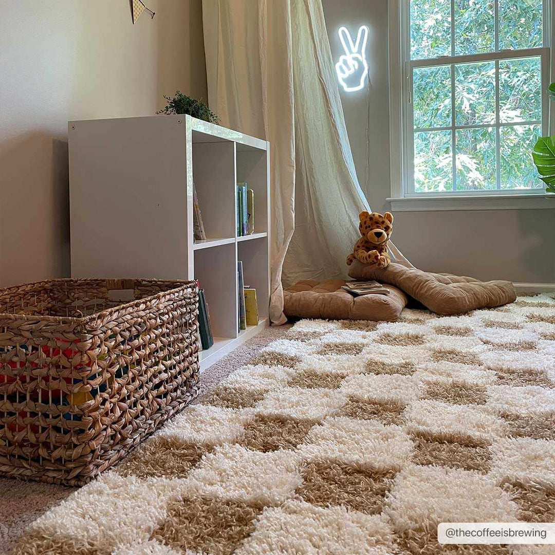 Modern Geometrical Mustard and Ivory Checkered Board Plush Pile Moroccan Style Area Rug - The Rug Decor