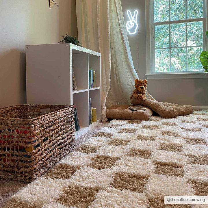 Modern Geometrical Mustard and Ivory Checkered Board Plush Pile Moroccan Style Area Rug - The Rug Decor