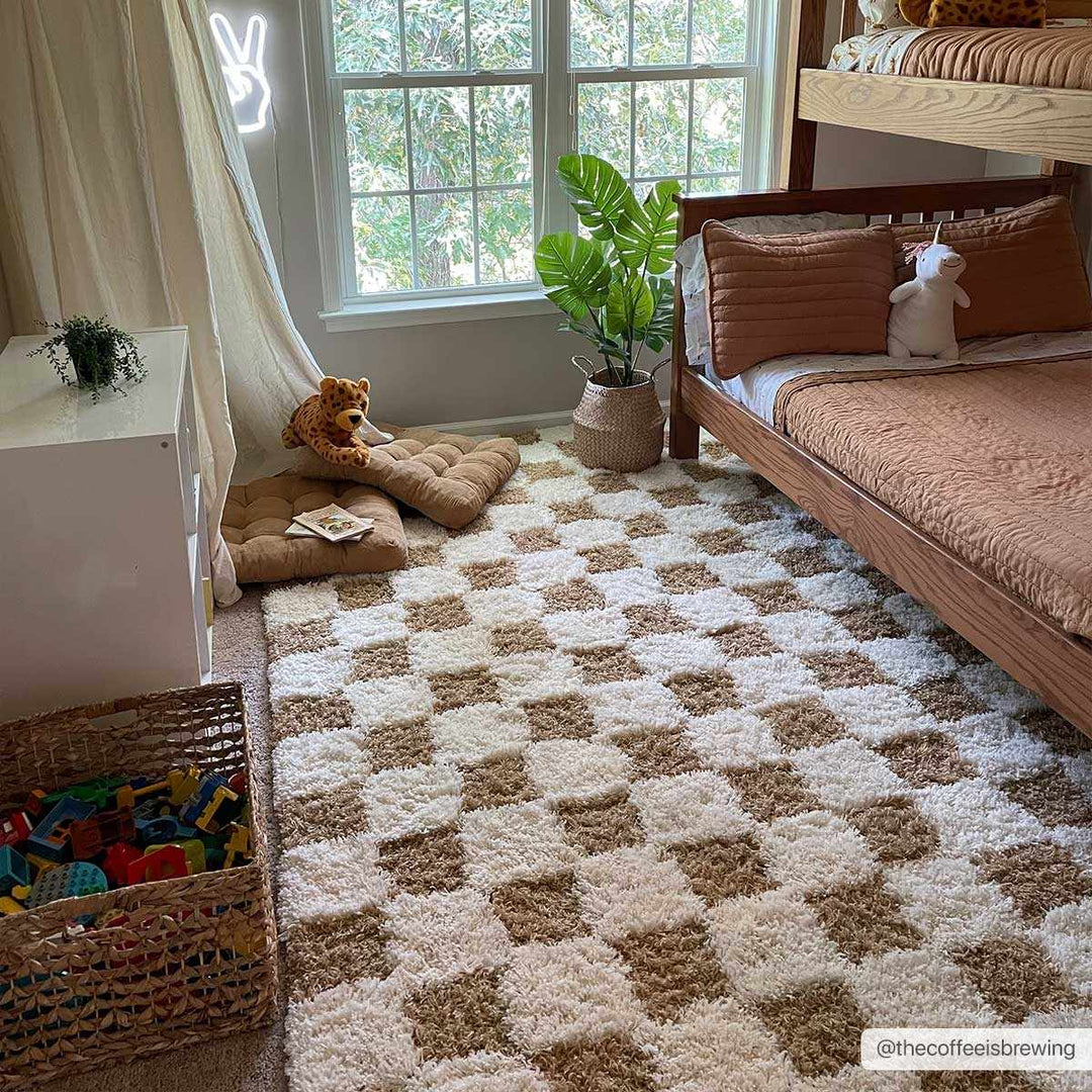 Modern Geometrical Mustard and Ivory Checkered Board Plush Pile Moroccan Style Area Rug - The Rug Decor