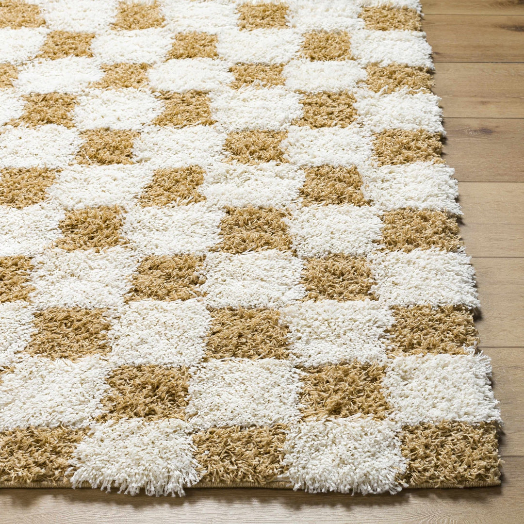 Modern Geometrical Mustard and Ivory Checkered Board Plush Pile Moroccan Style Area Rug - The Rug Decor