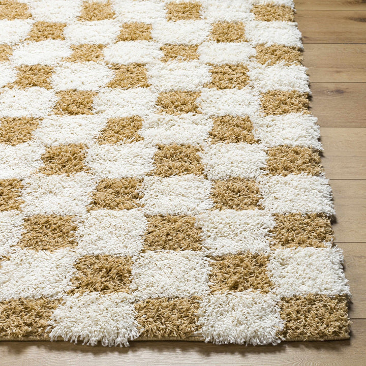 Modern Geometrical Mustard and Ivory Checkered Board Plush Pile Moroccan Style Area Rug - The Rug Decor