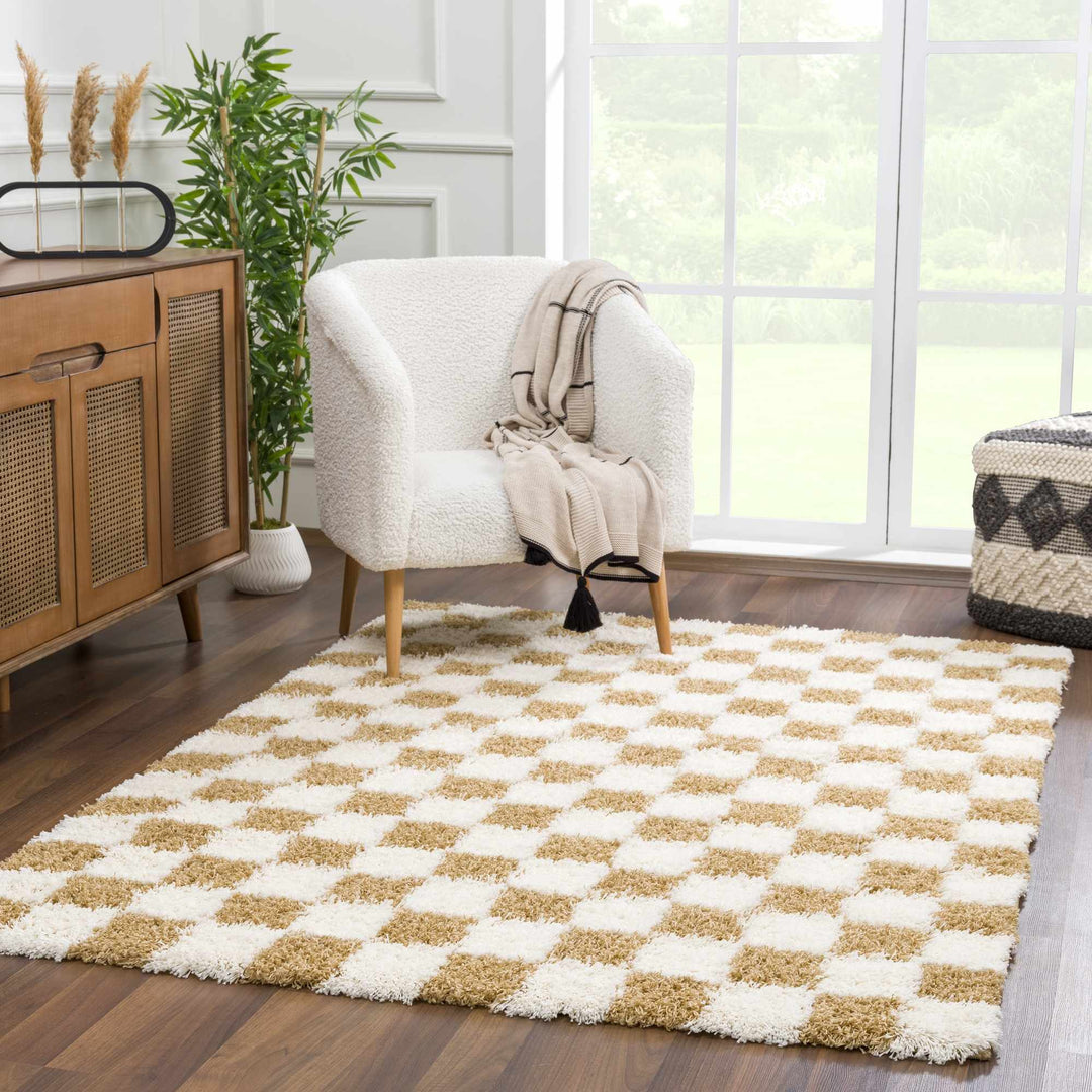 Modern Geometrical Mustard and Ivory Checkered Board Plush Pile Moroccan Style Area Rug - The Rug Decor