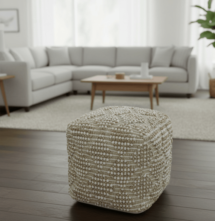 Modern Geometrical Natural Brown and Ivory Design Jute and wool Pouf - The Rug Decor