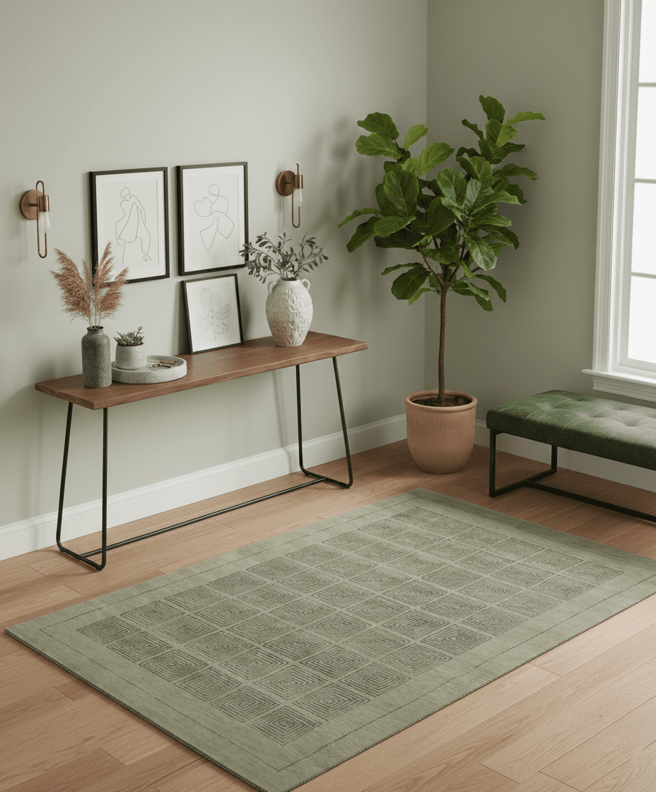 Modern Geometrical Olive and Charcoal Hand loom 5x7 Wool and Art Silk Area Rug - The Rug Decor