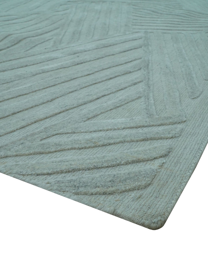 Modern Geometrical Pattern Ivory and Silver Hand Knotted 10x13 Wool Rug - The Rug Decor