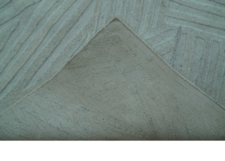 Modern Geometrical Pattern Ivory and Silver Hand Knotted 10x13 Wool Rug - The Rug Decor
