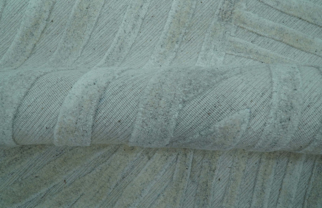 Modern Geometrical Pattern Ivory and Silver Hand Knotted 10x13 Wool Rug - The Rug Decor