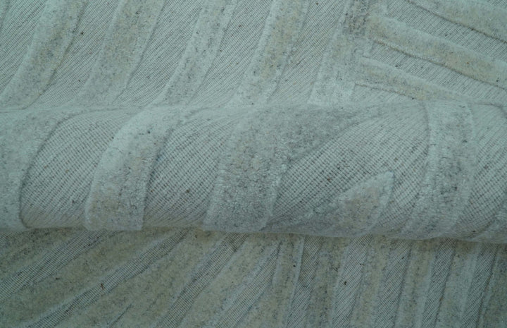 Modern Geometrical Pattern Ivory and Silver Hand Knotted 10x13 Wool Rug - The Rug Decor