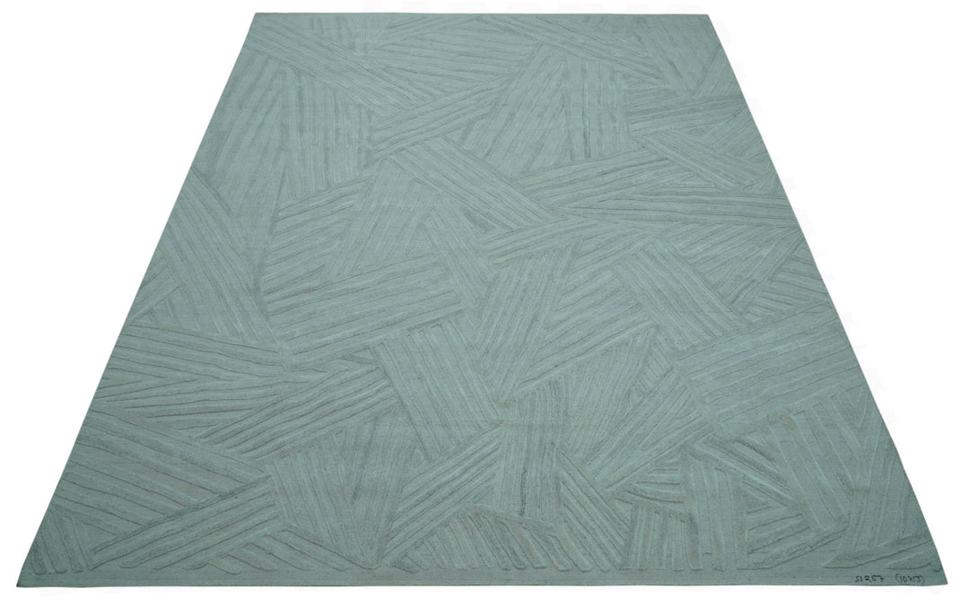 Modern Geometrical Pattern Ivory and Silver Hand Knotted 10x13 Wool Rug - The Rug Decor