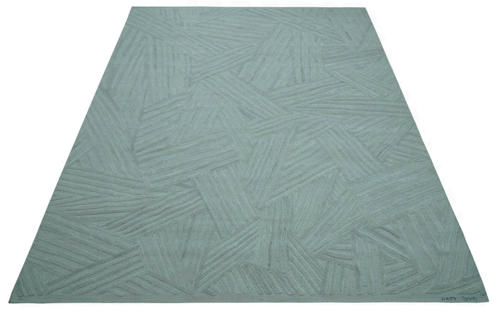 Modern Geometrical Pattern Ivory and Silver Hand Knotted 10x13 Wool Rug - The Rug Decor