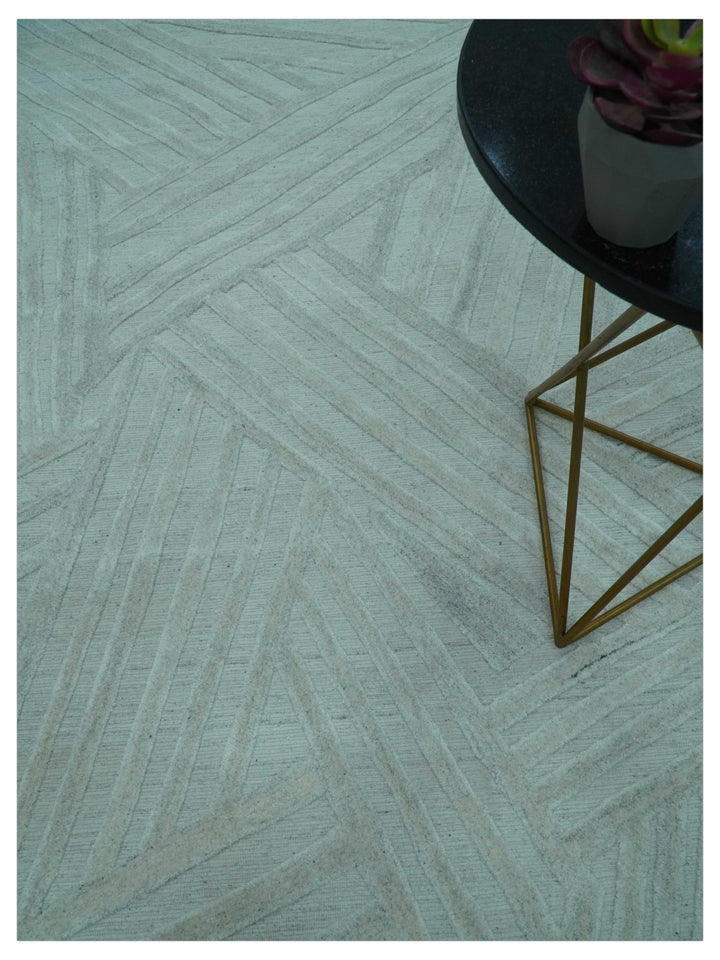Modern Geometrical Pattern Ivory and Silver Hand Knotted 10x13 Wool Rug - The Rug Decor