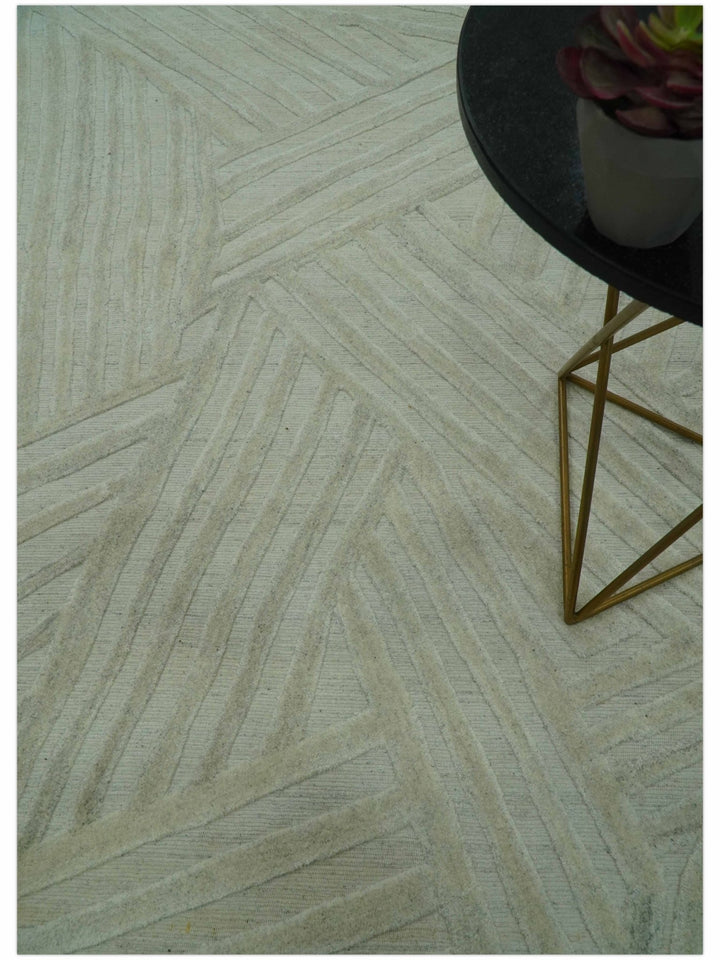 Modern Geometrical Pattern Silver Hand Knotted 10x13 Wool Area Rug - The Rug Decor