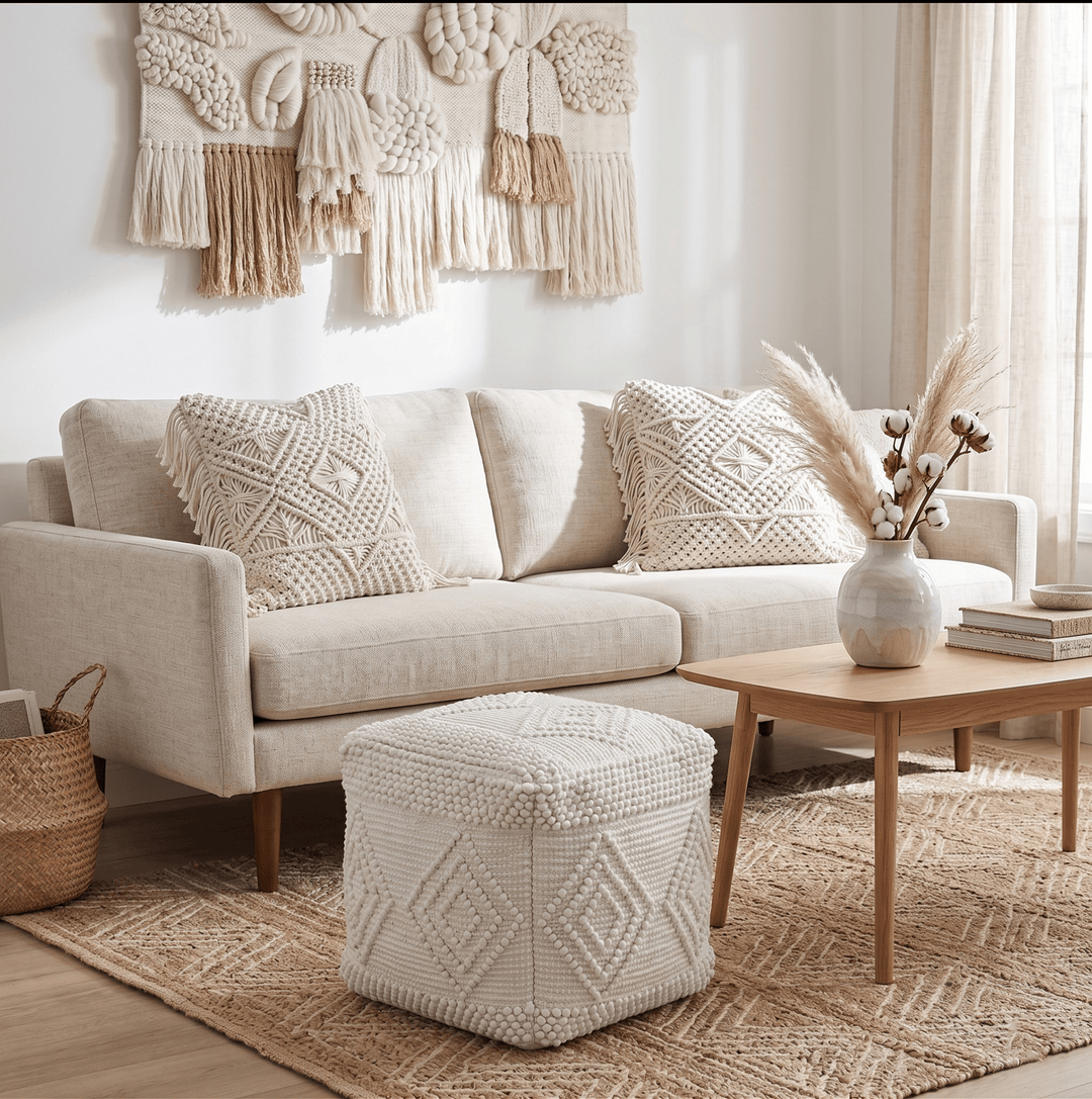 Modern Geometrical Pattern White Hand Woven Wool Pouf - The Rug Decor