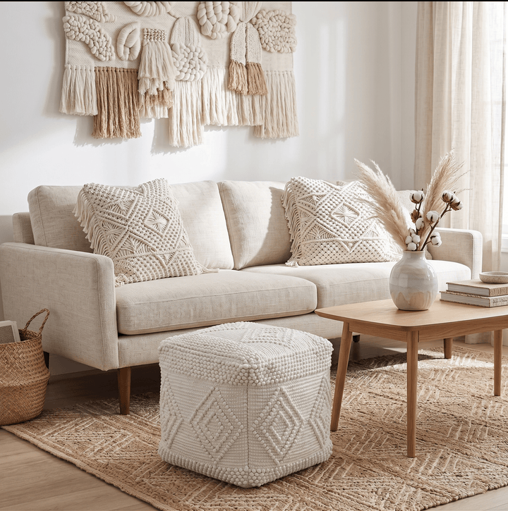 Modern Geometrical Pattern White Hand Woven Wool Pouf - The Rug Decor